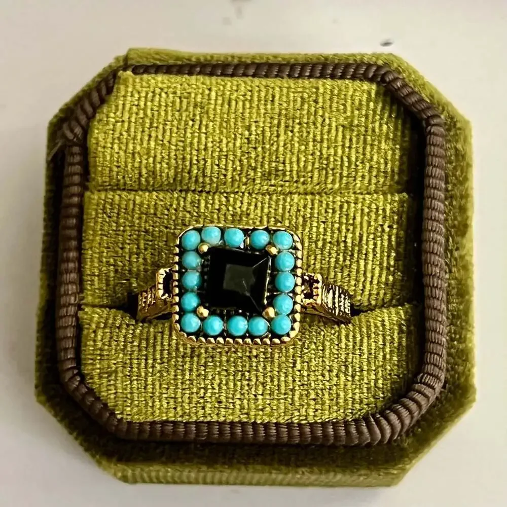 Boho Gold Ring Black Onyx Stone Turquoise Beaded Accent Size 9.5